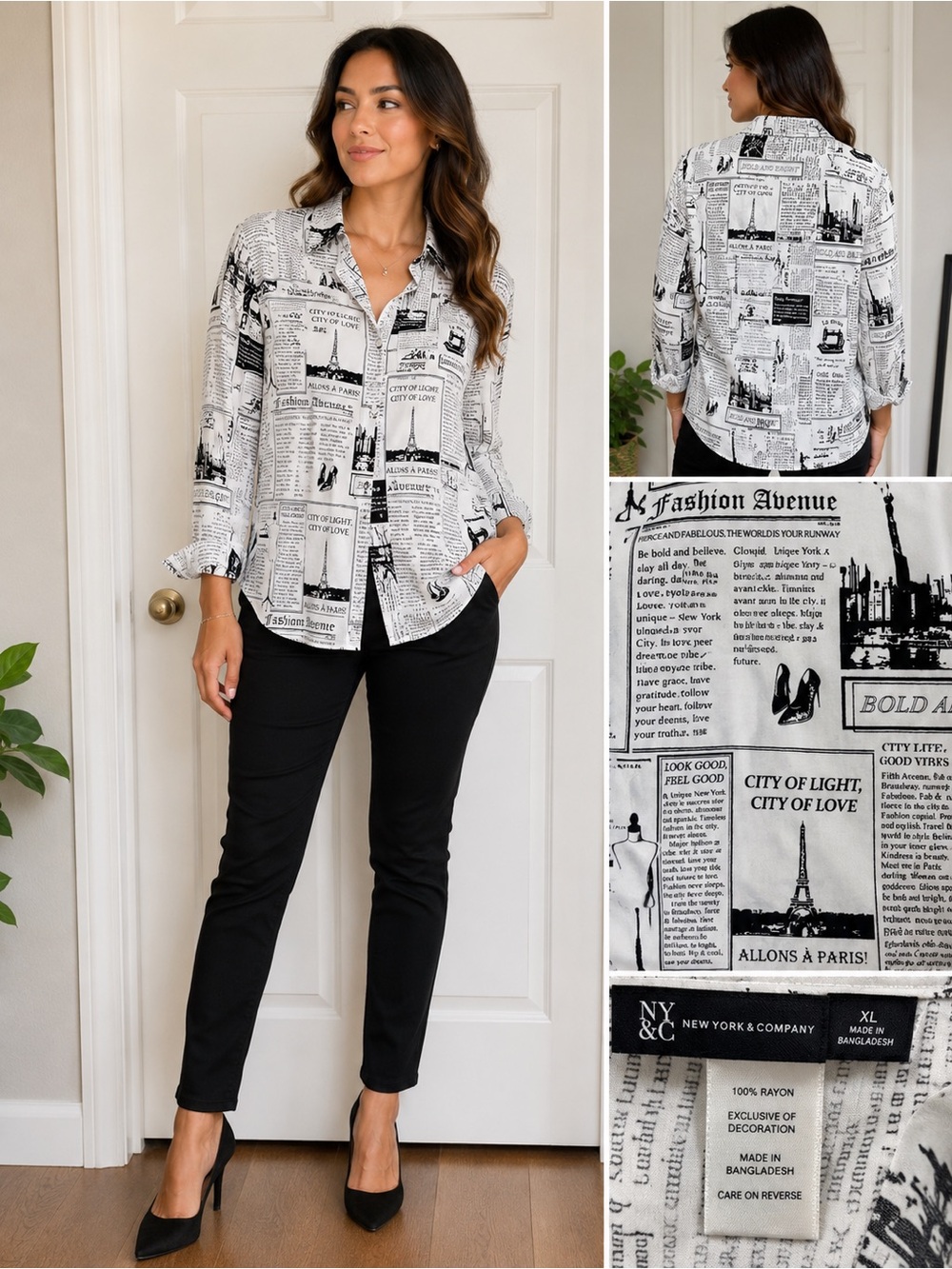 New York & Company Black & White Newspaper Print Button-Down Shirt